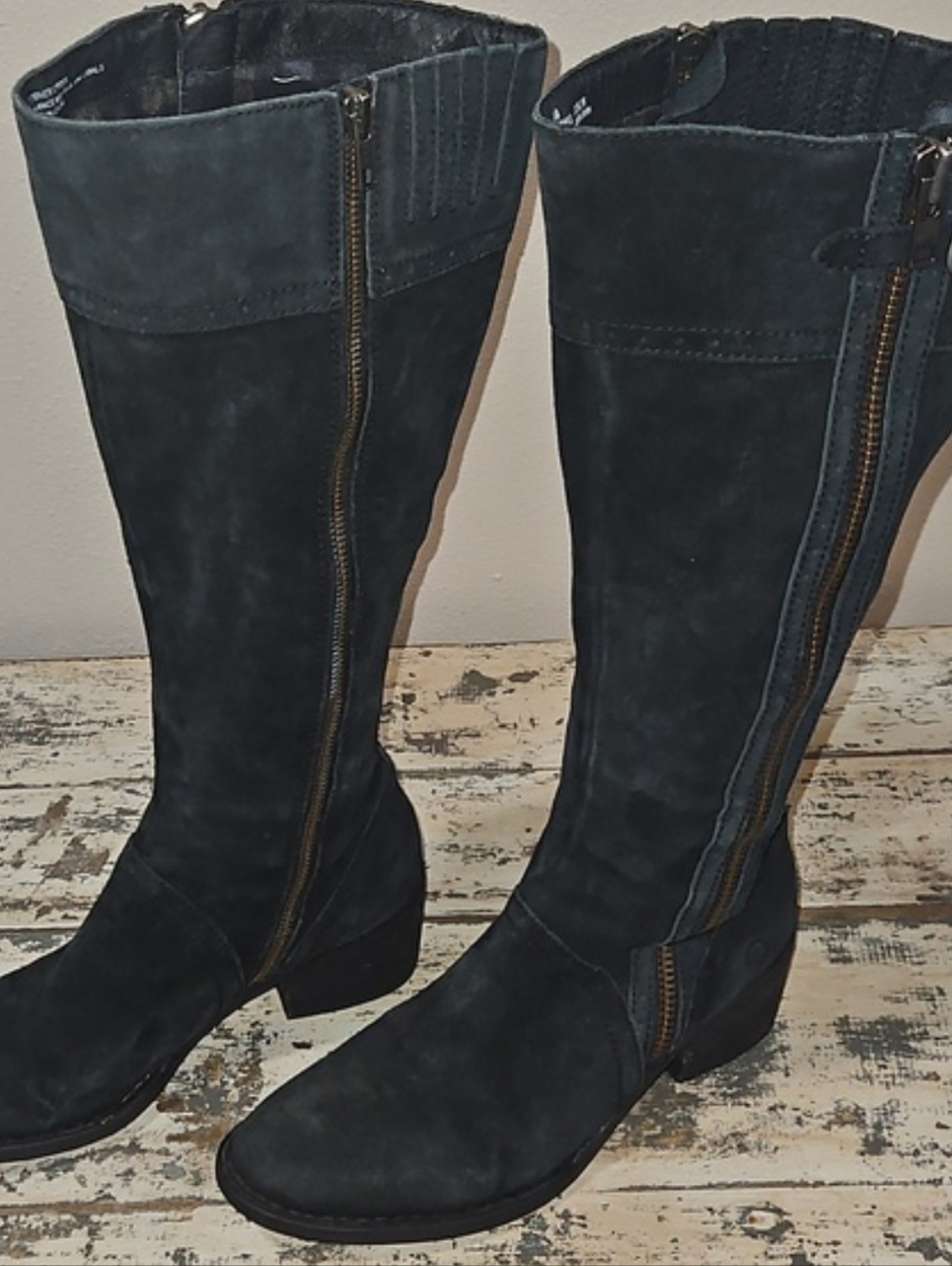 Born Fanner Black Suede Knee-High Ridding Boots Dual Zip Heeled Size 8 - Picture 7 of 15